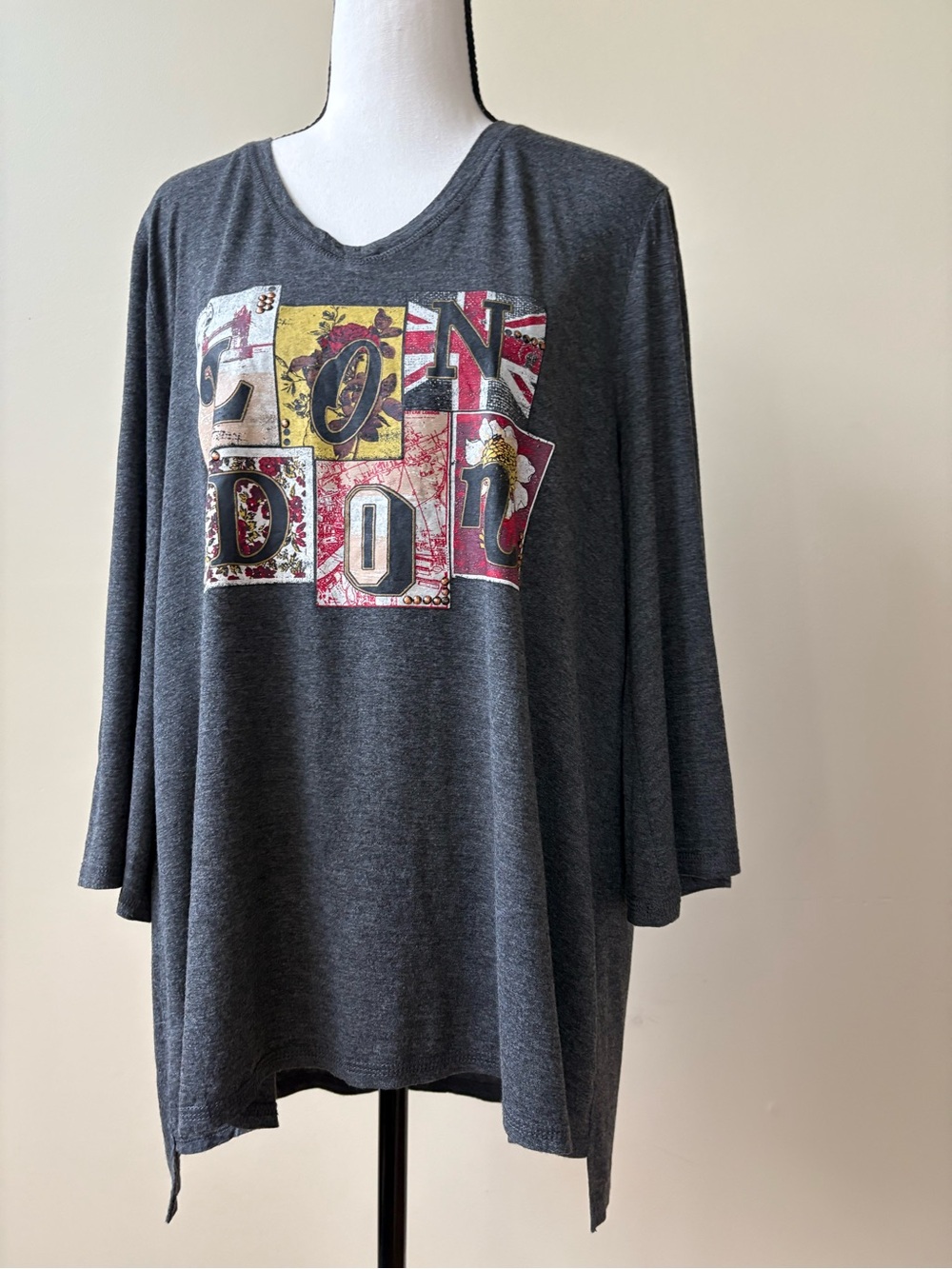 Eyeshadow Charcoal V-Neck Tunic with Color Block Letter Panel